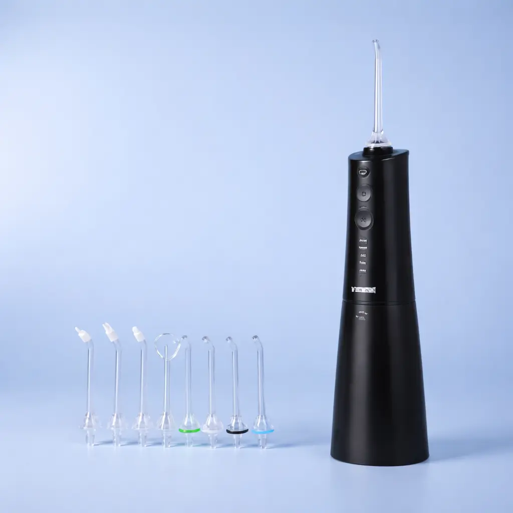 Irrigador dental portátil negro con 7 boquillas intercambiables para limpieza profunda entre dientes y encías