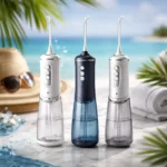 Tres irrigadores dentales portátiles inalámbricos sobre encimera de mármol, con fondo premium de playa y palmeras