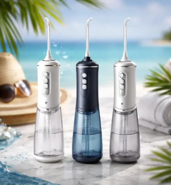Tres irrigadores dentales portátiles inalámbricos sobre encimera de mármol, con fondo premium de playa y palmeras