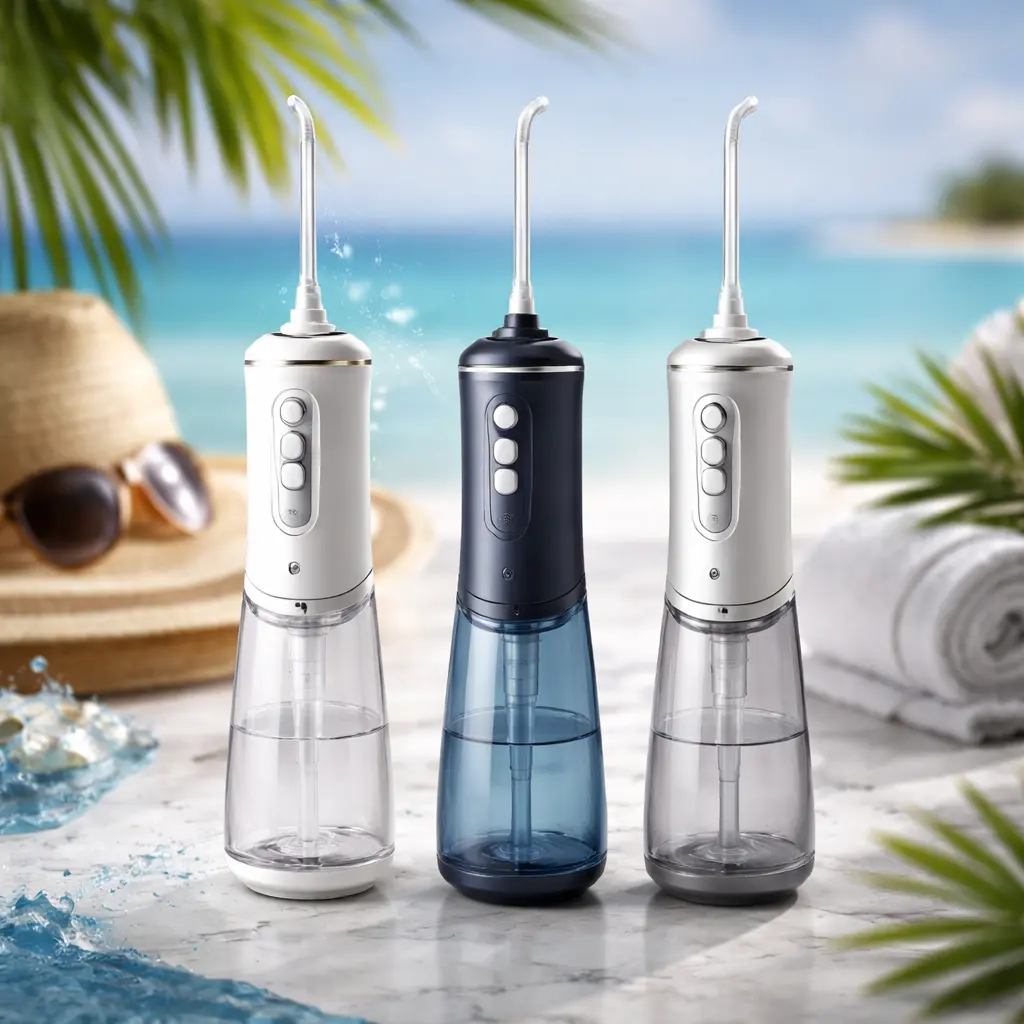 Tres irrigadores dentales portátiles inalámbricos sobre encimera de mármol, con fondo premium de playa y palmeras