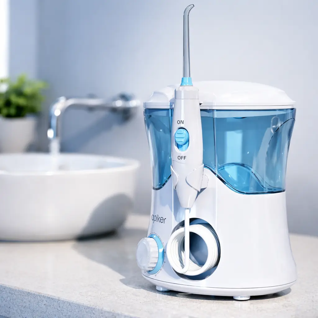 Irrigador dental de sobremesa Apiker FC169 con depósito azul en baño premium