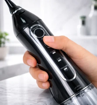 Irrigador dental portátil COSLUS C20-F5020E con selector de modos, en baño premium, sin texto