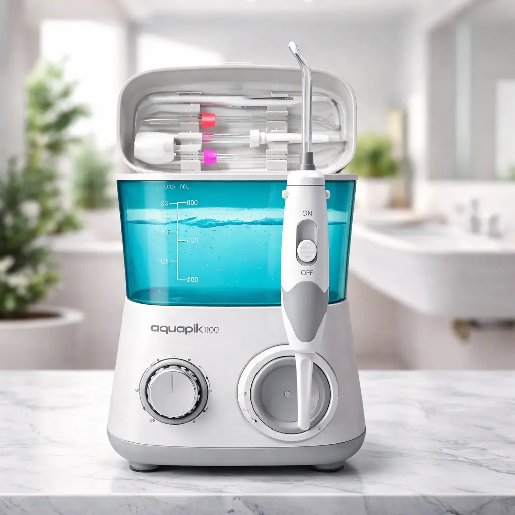 Irrigador dental Aquapik 100 en sobremesa, visto en perspectiva
