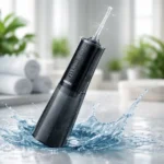 Irrigador dental portátil negro con salpicadura de agua en baño premium