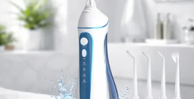 Irrigador dental portátil Nicwell con boquillas, en baño premium, sin caja ni texto