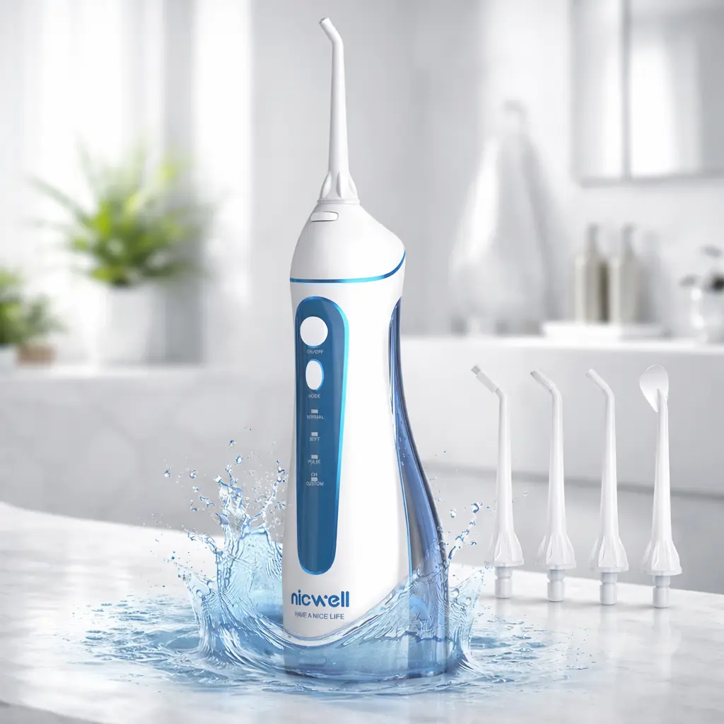 Irrigador dental portátil Nicwell con boquillas, en baño premium, sin caja ni texto