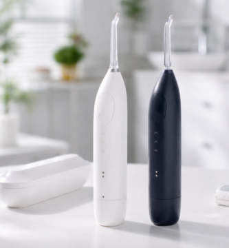Oclean W1 irrigador dental portátil con boquilla AirPump, diseño compacto en encimera de baño moderna, sin texto y fondo premium