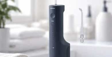 Irrigador dental portátil Panasonic EW-DJ66 con depósito de 200 ml y boquilla intercambiable, vista frontal.