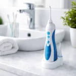 Irrigador dental portátil Panasonic EW1211W845 colocado en encimera de baño, diseño compacto y recargable, uso doméstico diario