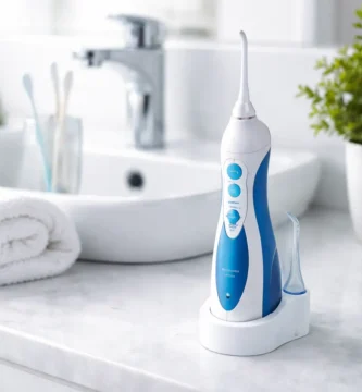 Irrigador dental portátil Panasonic EW1211W845 colocado en encimera de baño, diseño compacto y recargable, uso doméstico diario
