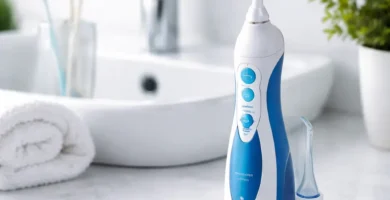 Irrigador dental portátil Panasonic EW1211W845 colocado en encimera de baño, diseño compacto y recargable, uso doméstico diario