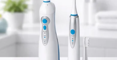 Irrigador dental y cepillo eléctrico ProfiCare DC3031 2 en 1 sobre base de carga, sin texto, en baño luminoso (fondo desenfocado)