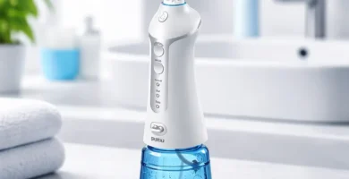 Irrigador dental Sogo IDB-SS-12355 con depósito azul de 300 ml en encimera de baño