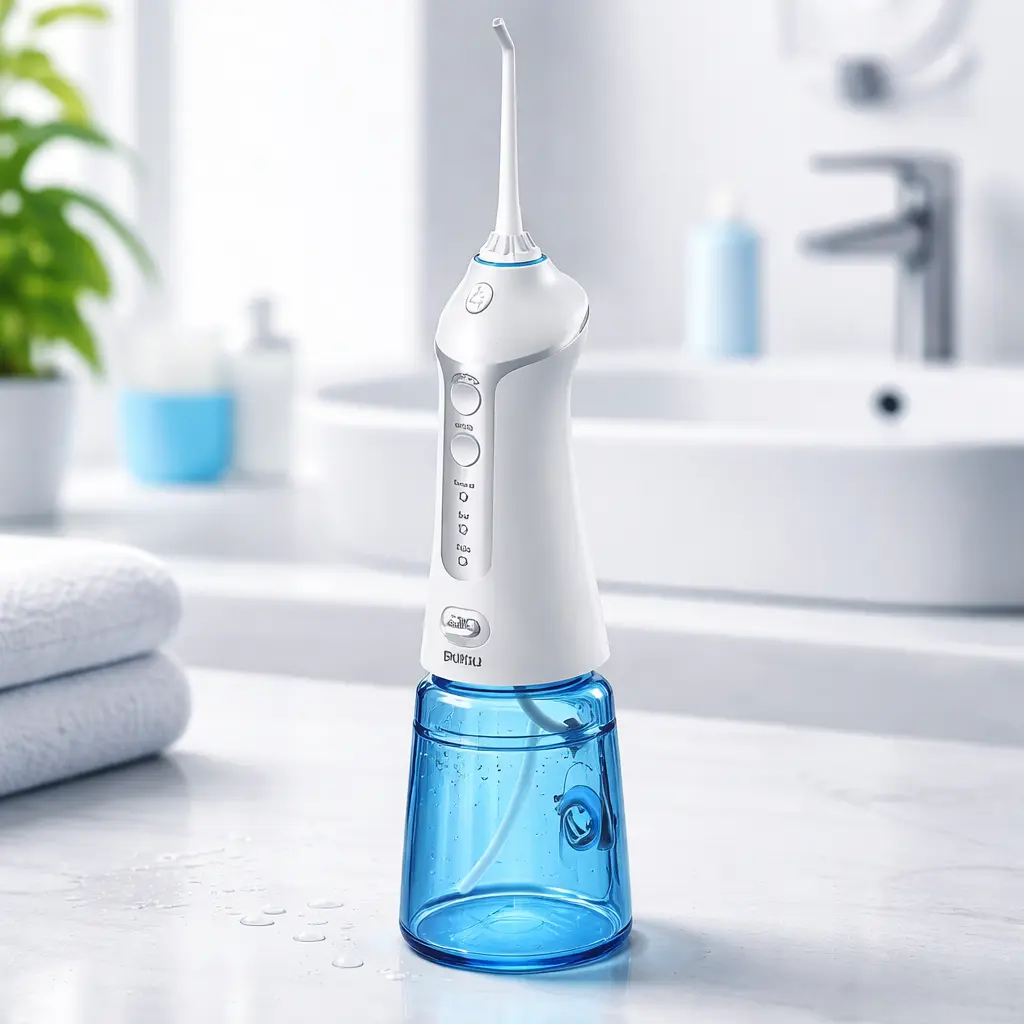 Irrigador dental Sogo IDB-SS-12355 con depósito azul de 300 ml en encimera de baño