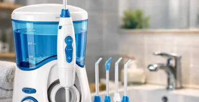 Irrigador dental Sogo IDB-SS-12360 de sobremesa con depósito de 0,6 L y boquillas, sobre encimera de baño