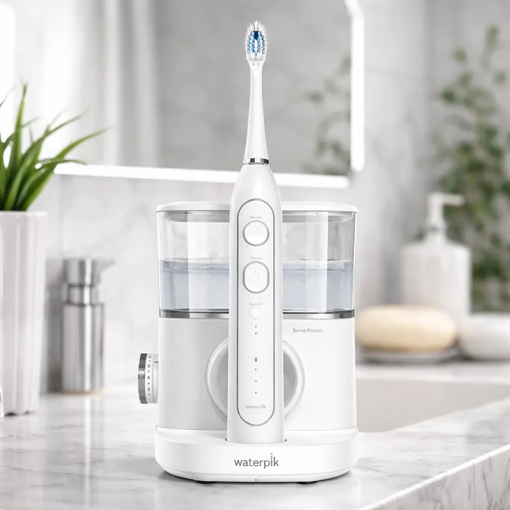 Waterpik Sonic-Fusion 2.0, irrigador dental y cepillo eléctrico 2-en-1, en encimera de baño moderna con depósito de agua visible