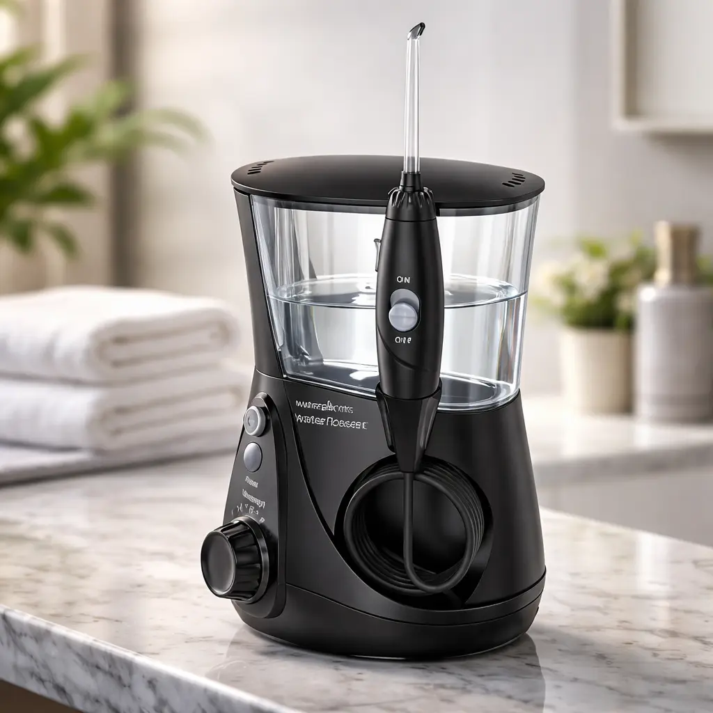 Irrigador dental Waterpik Ultra WP-662EU negro sobre encimera de mármol en baño, vista frontal, sin texto.