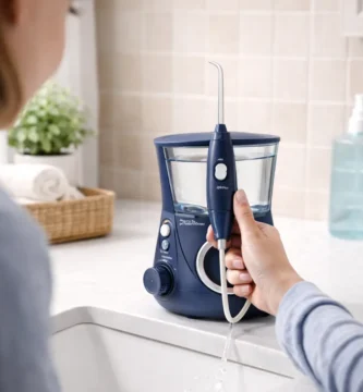 Persona usando el irrigador dental Waterpik WP-660EU de sobremesa en el lavabo del baño