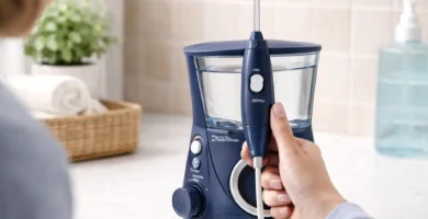 Persona usando el irrigador dental Waterpik WP-660EU de sobremesa en el lavabo del baño