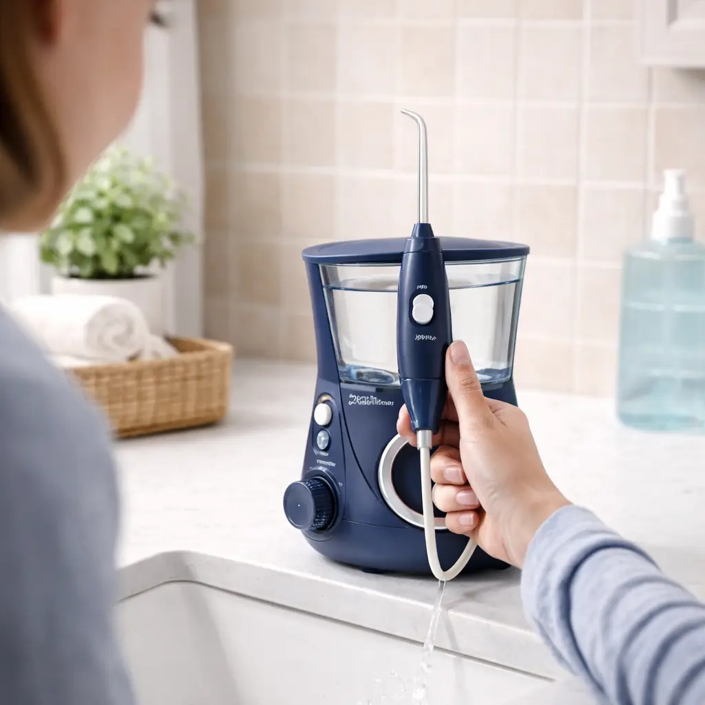 Persona usando el irrigador dental Waterpik WP-660EU de sobremesa en el lavabo del baño