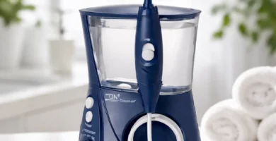 Waterpik WP-663EU Ultra, irrigador dental de sobremesa, sobre encimera de baño con depósito transparente y mango con boquilla