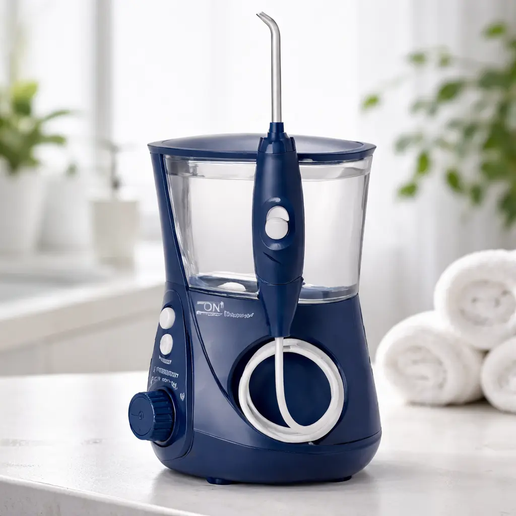Waterpik WP-663EU Ultra, irrigador dental de sobremesa, sobre encimera de baño con depósito transparente y mango con boquilla