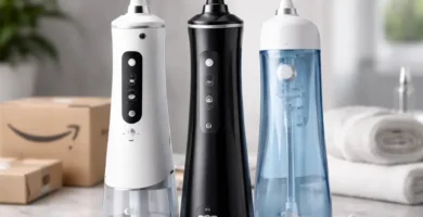 Tres irrigadores dentales portátiles económicos sobre encimera de baño, con boquillas y accesorios, representando opciones baratas disponibles en Amazon para higiene bucal.