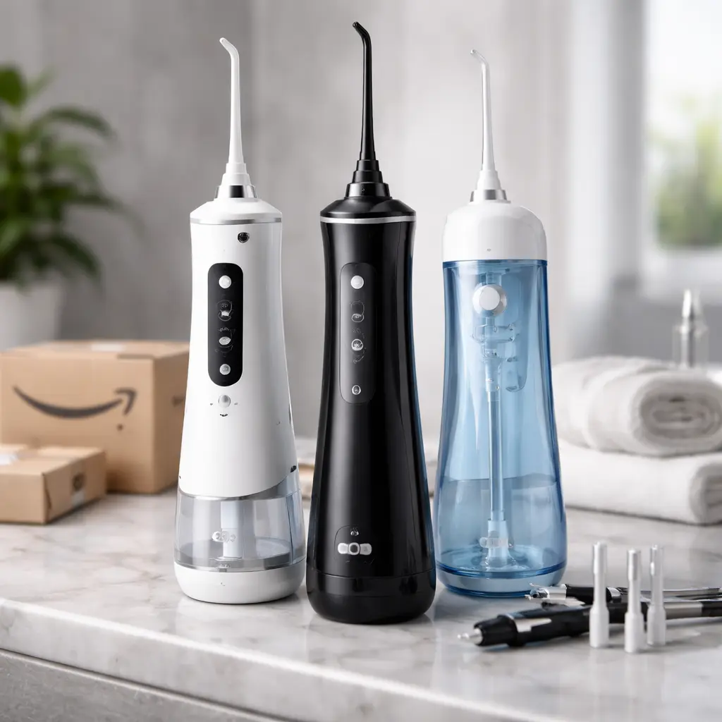 Tres irrigadores dentales portátiles económicos sobre encimera de baño, con boquillas y accesorios, representando opciones baratas disponibles en Amazon para higiene bucal.