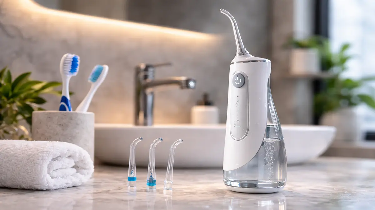 Irrigadores dentales modernos en encimera de baño premium