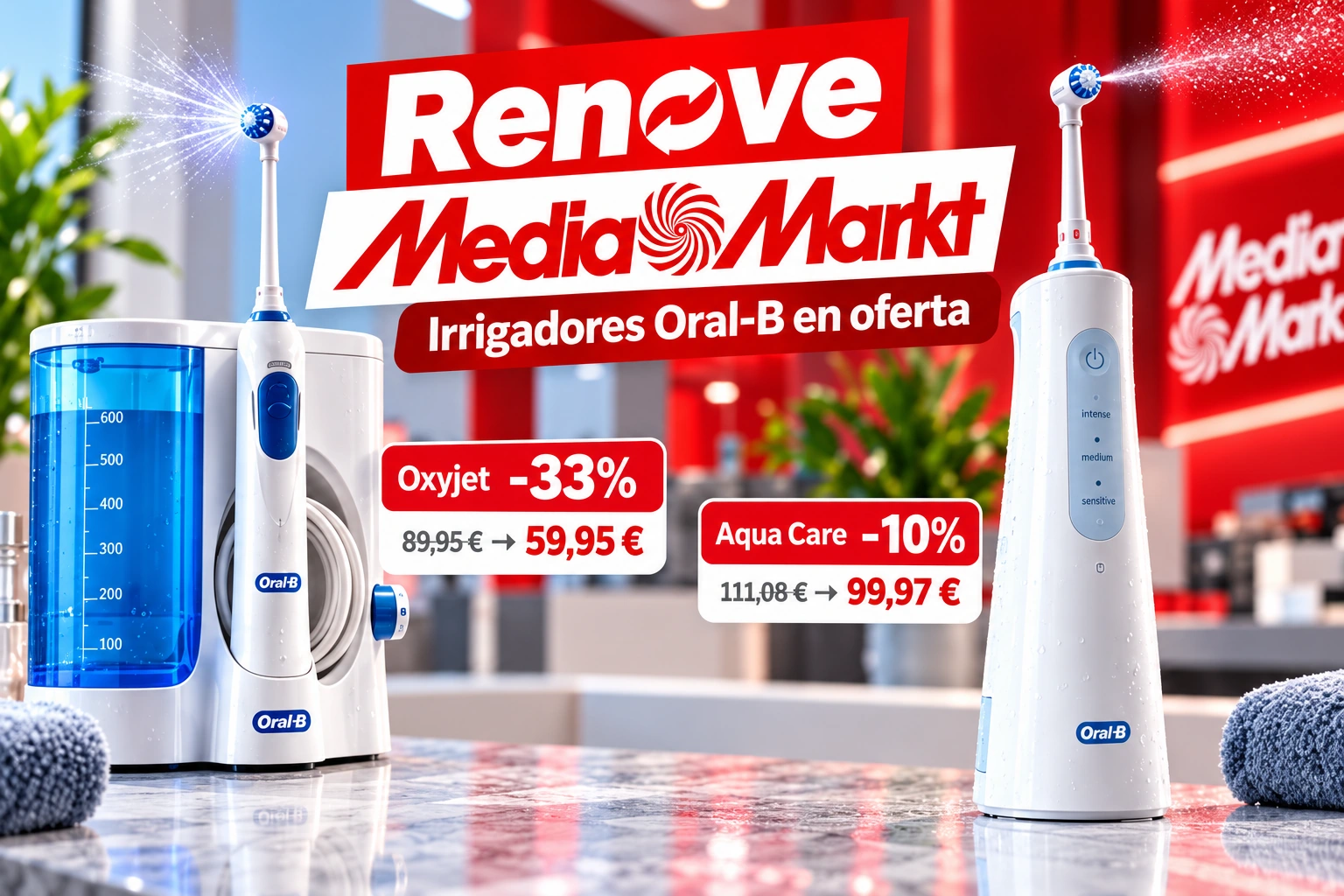 Ilustración editorial Renove MediaMarkt con irrigadores Oral-B Oxyjet y AquaCare